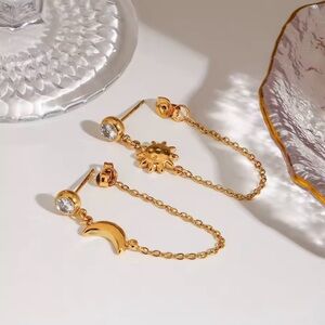 18K Gold Plated *Star And Moon Zirconia Pendant Earrings